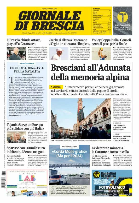 Prima-pagina-giornale di brescia-oggi-edizione-del-2024-05-11